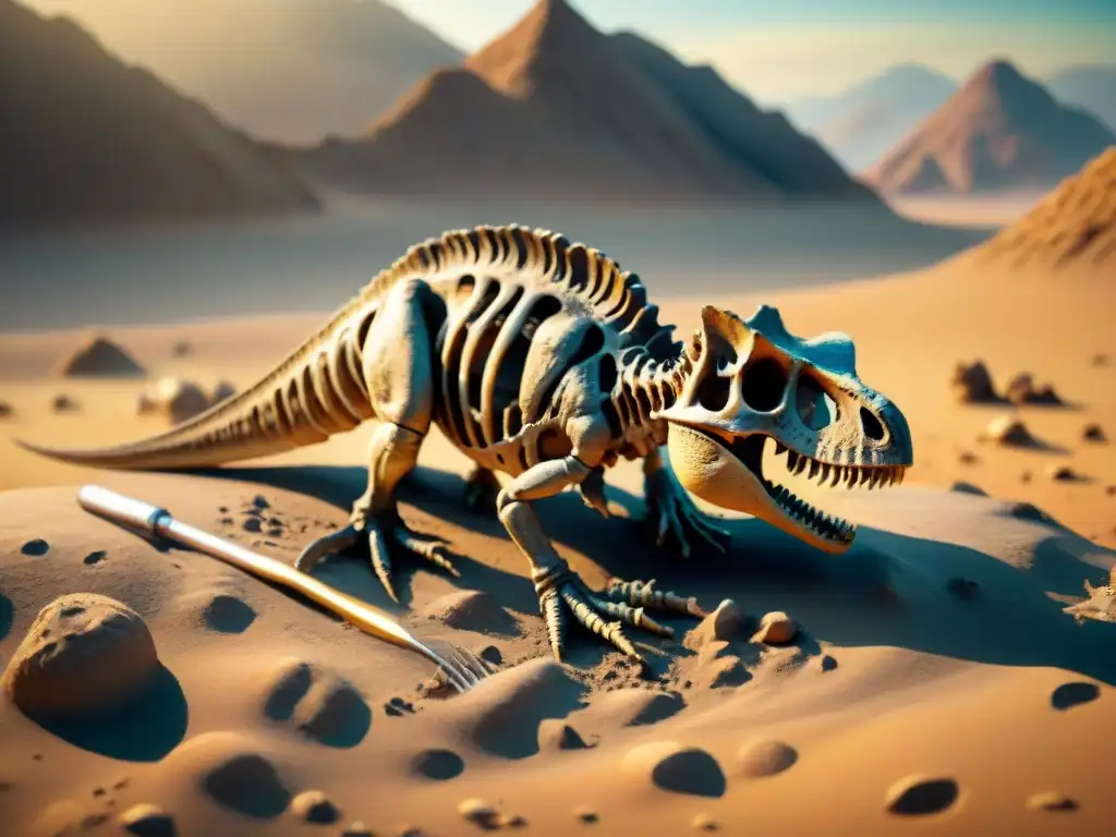 Descubrimiento paleontológico: excavación detallada de fósiles Un paleontólogo desenterrando fósiles en el desierto, revelando un esqueleto de dinosaurio