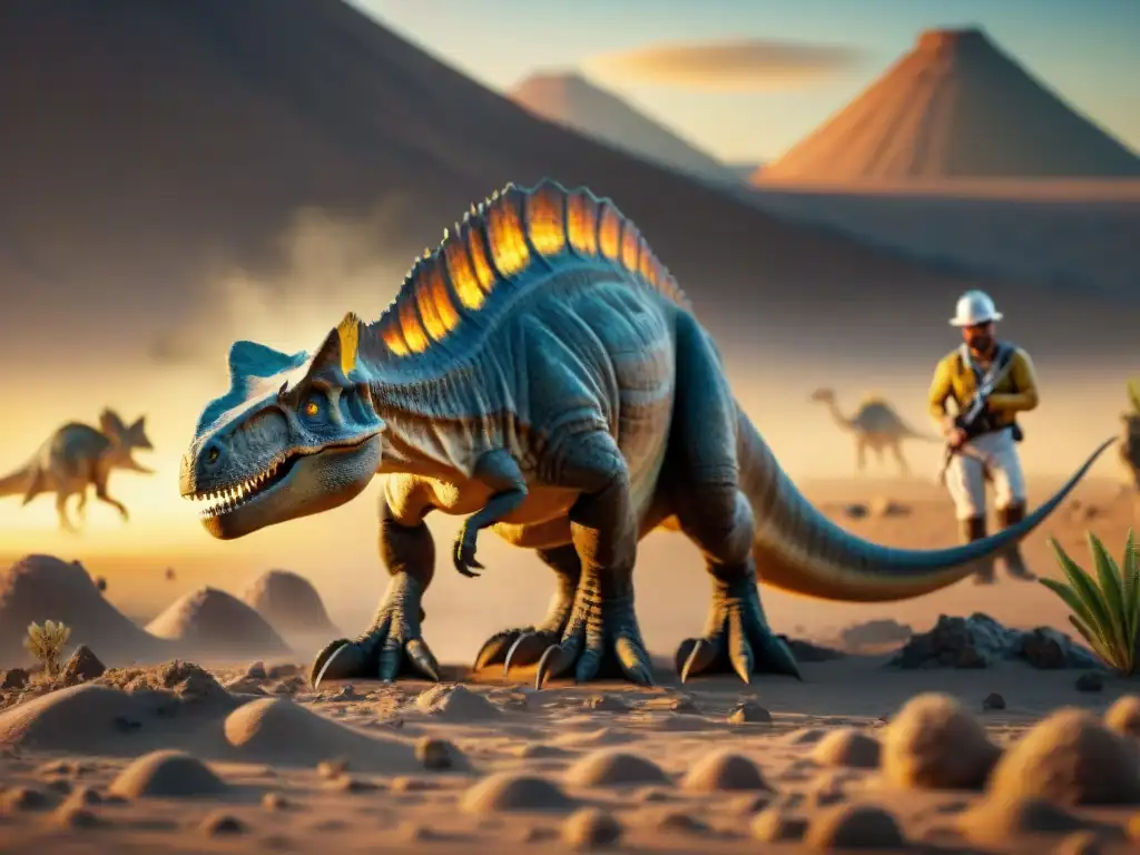 Excavación de fósiles de dinosaurios al atardecer: descubrimiento paleontológico en 8k Un paleontólogo excavando fósiles de dinosaurio al atardecer en el desierto