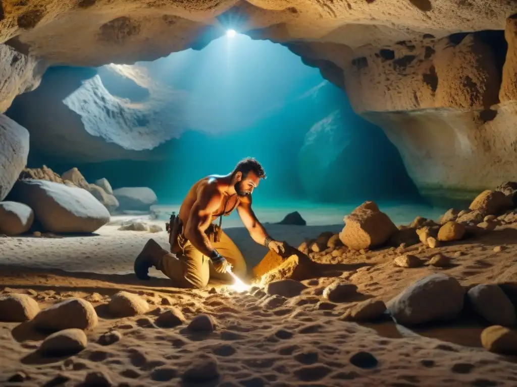 Excavación de fósiles de dinosaurios en la cueva de Creta: mito y ciencia Un paleontólogo excavando fósiles de dinosaurios en una cueva de Creta, fusionando mitología griega con ciencia