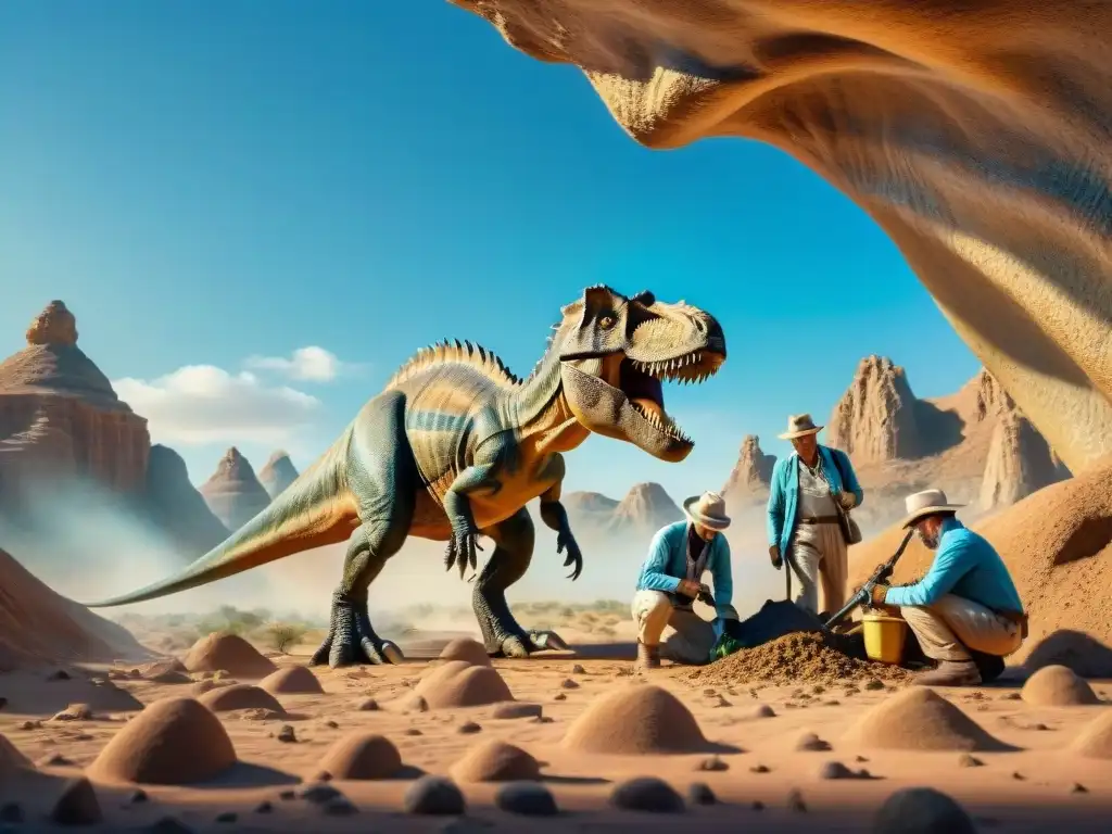 Excavación de fósil de dinosaurio: descubrimiento en el desierto Un paleontólogo excavando fósiles de dinosaurios en el desierto, rodeado de formaciones rocosas bajo un cielo azul