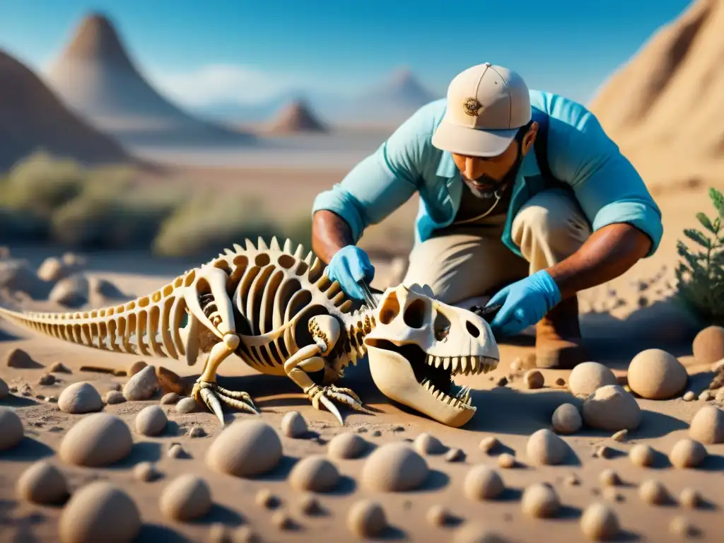 Excavación detallada de fósil de dinosaurio en desierto Un paleontólogo descubriendo fósiles de dinosaurios en un desierto rocoso