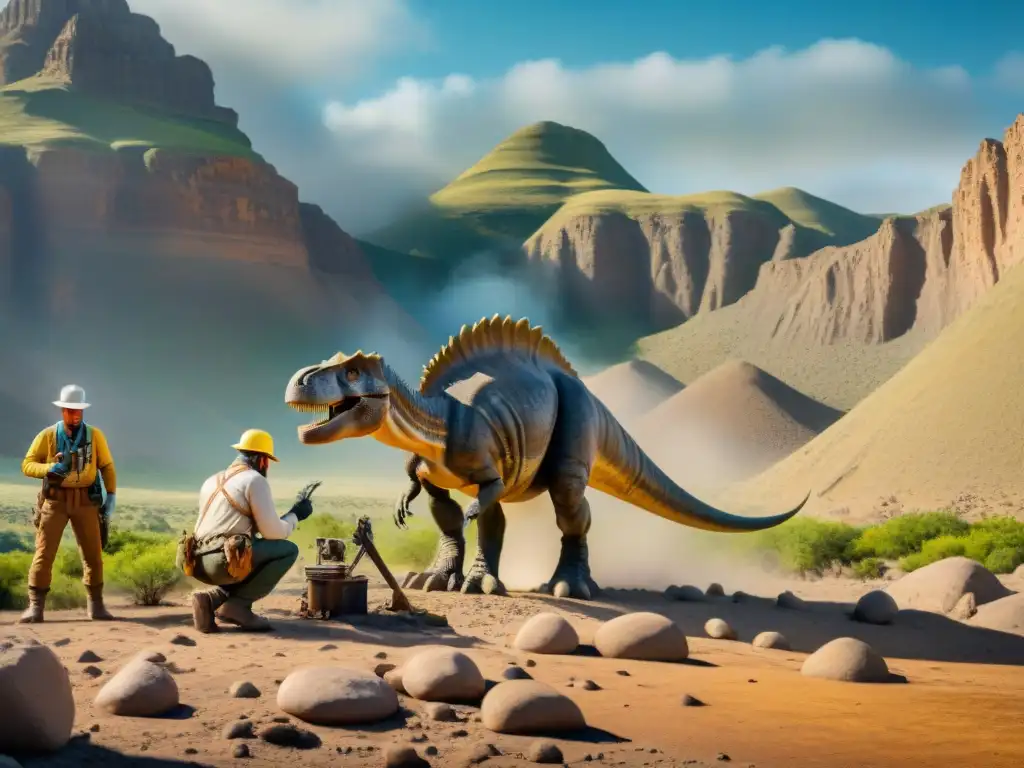 Excavación de fósil de dinosaurio en el Oeste Salvaje Un paleontólogo desenterrando fósiles de dinosaurios en el Salvaje Oeste, rodeado de un equipo de investigadores en una excavación meticulosa