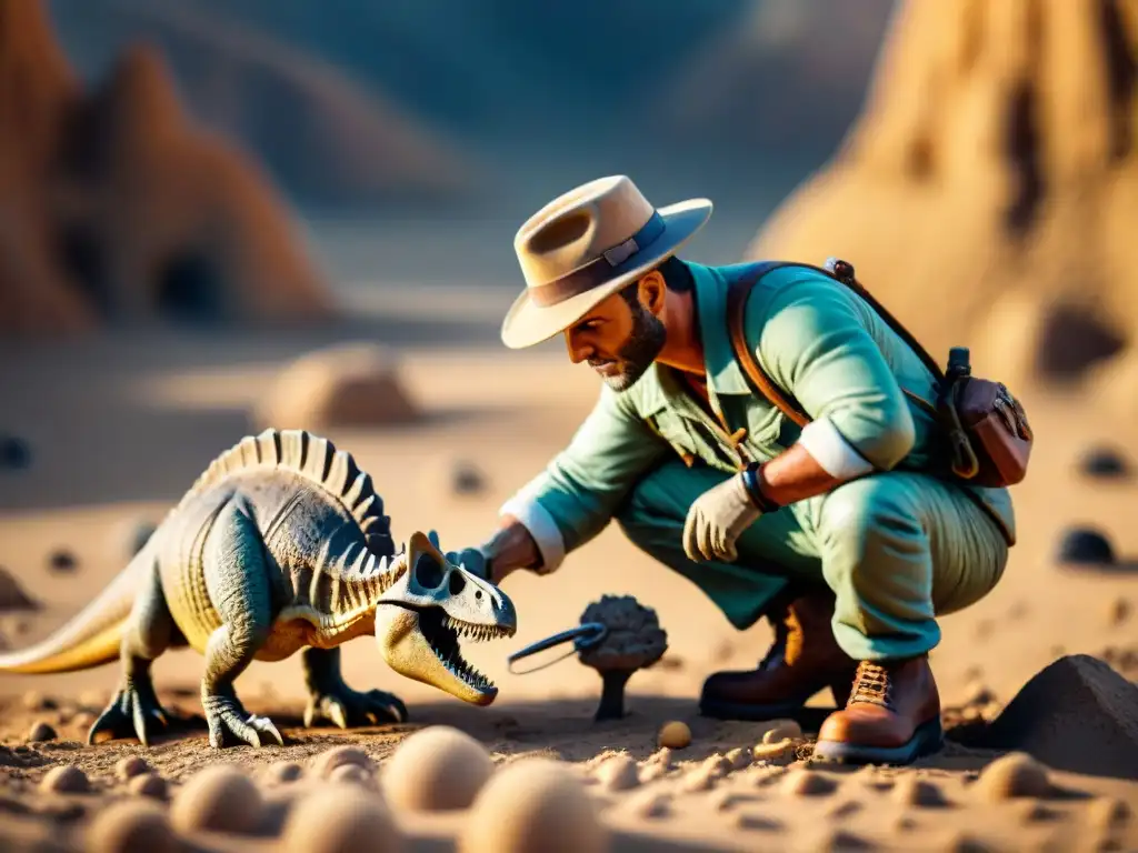 Excavación de fósil de dinosaurio en el Salvaje Oeste Un paleontólogo excavando fósiles de dinosaurios en el Salvaje Oeste, mostrando la emoción de la búsqueda de fósiles de dientes de dragón