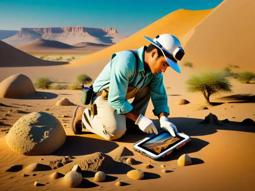 Excavación paleontológica: fusión tradición y tecnología Un paleontólogo excavando fósiles en un paisaje desértico, con herramientas científicas y una interfaz de app móvil para reportar hallazgos