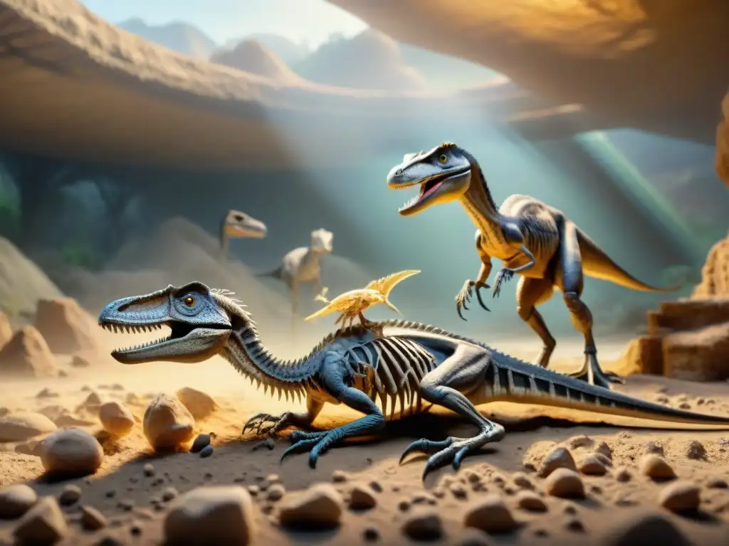 Excavación de Velociraptor y Deinonychus: Detalles y diferencias Un paleontólogo excava fósiles de Velociraptor y Deinonychus, mostrando sus estructuras en un yacimiento soleado y polvoriento
