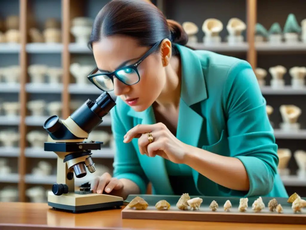 Un paleontólogo examina minuciosamente fragmentos de huesos de dinosaurio bajo un microscopio, con concentración y determinación