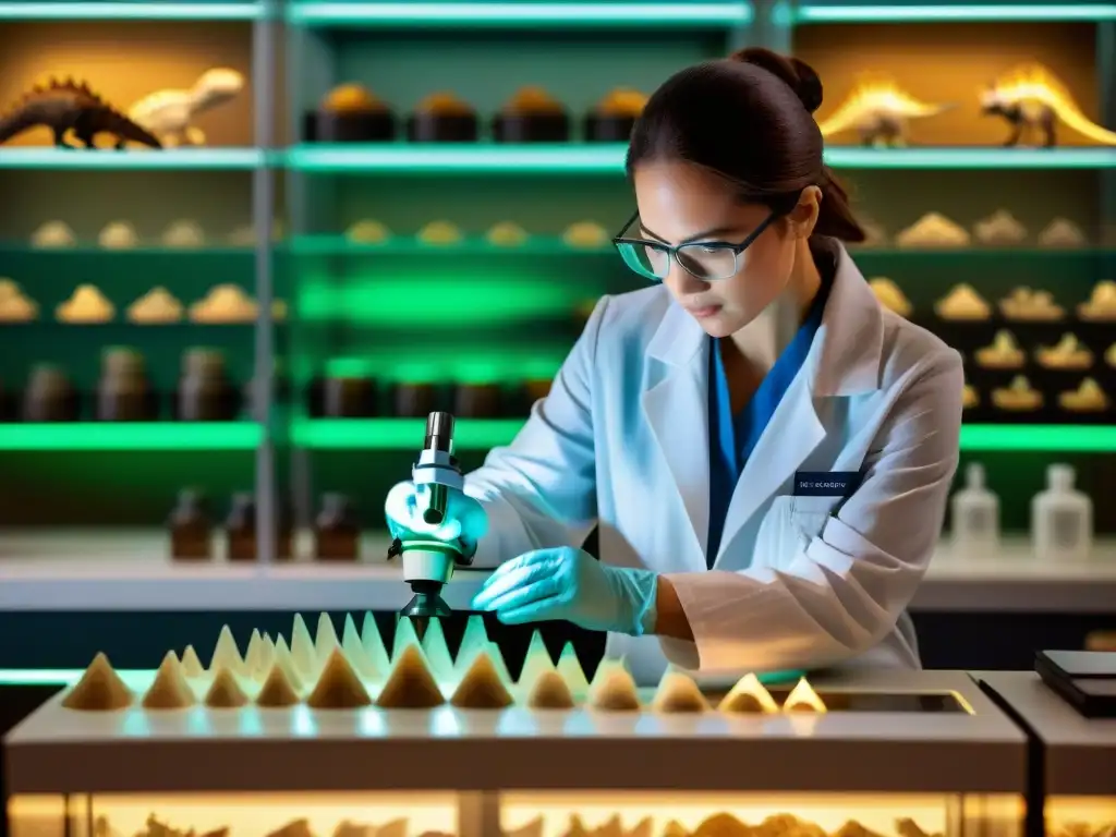 Extracción de ADN de fósil de dinosaurio: descubrimiento en laboratorio Un paleontólogo extrae ADN gigante de un fósil de dinosaurio, rodeado de tecnología en un laboratorio