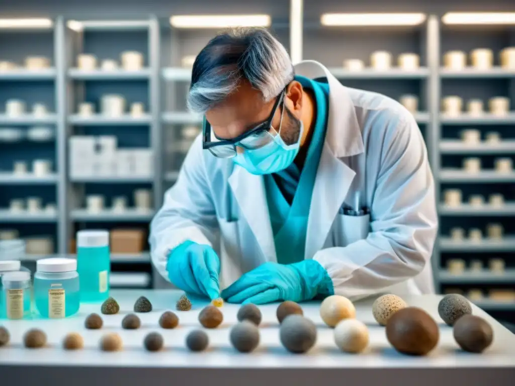 Descubrimiento paleontológico: extracción de ADN de dinosaurio Un paleontólogo extrae ADN gigante de un fósil bajo microscopio en laboratorio de genética de dinosaurios