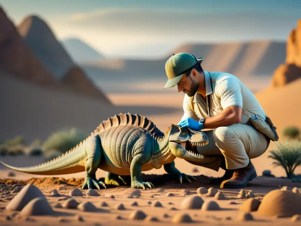 Excavación detallada: paleontólogo descubre fósil de dinosaurio Un paleontólogo reportando hallazgos de dinosaurios en línea en un paisaje desértico remoto, excavando con precisión un fósil bien conservado