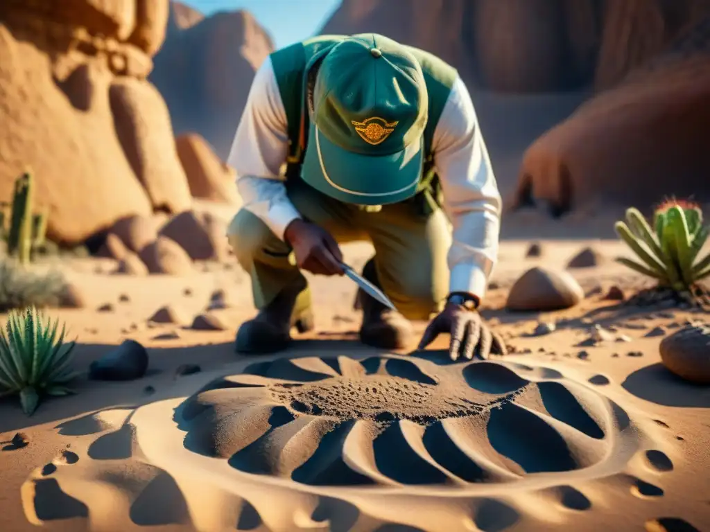 Exploración minuciosa de huellas de dinosaurios fosilizadas en el desierto Un paleontólogo examina huellas de dinosaurios fosilizados en un desierto soleado y polvoriento, rodeado de herramientas