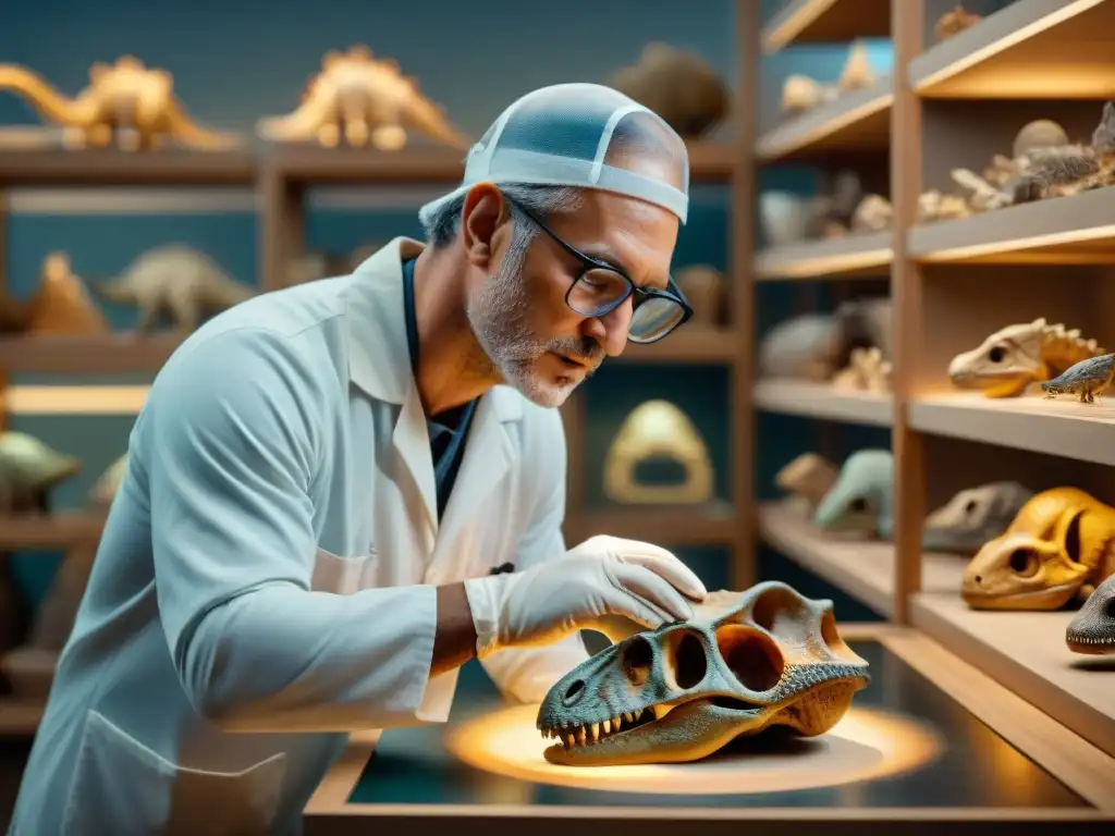 Paleontólogo examinando fósil de dinosaurio bajo lupa en 8k Un paleontólogo examina meticulosamente un hueso de dinosaurio fosilizado bajo una lupa, rodeado de artefactos antiguos y libros de referencia