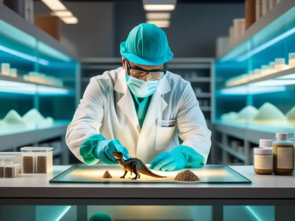 Extracción de ADN de dinosaurio en laboratorio de vanguardia Un paleontólogo extrae ADN de un hueso de dinosaurio en laboratorio avanzado