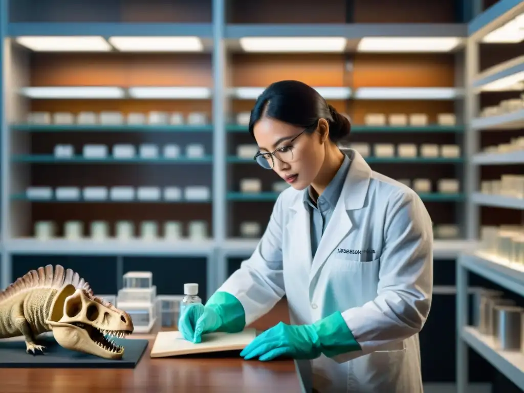 Un paleontólogo extrae ADN de un hueso de dinosaurio en un laboratorio de alta tecnología