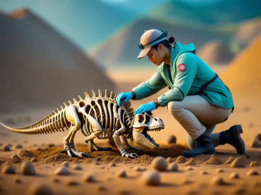 Excavación detallada de fósil de dinosaurio con huesos deformes Un paleontólogo excavando huesos deformes en dinosaurios, revelando pistas sobre enfermedades y evolución en estos antiguos seres