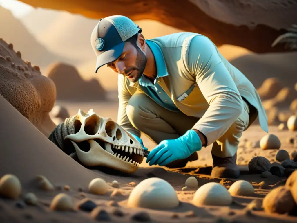 Excavación paleontológica: misteriosas deformidades en huesos de dinosaurio Un paleontólogo descubriendo huesos deformes en dinosaurios en un yacimiento fósil, revelando misterios del pasado antiguo