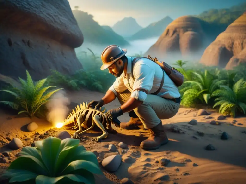 Excavación de fósiles: descubriendo un dinosaurio en tierras prehistóricas Un paleontólogo desenterrando huesos de dinosaurio en un paisaje prehistórico remoto, rodeado de misterio y secretos
