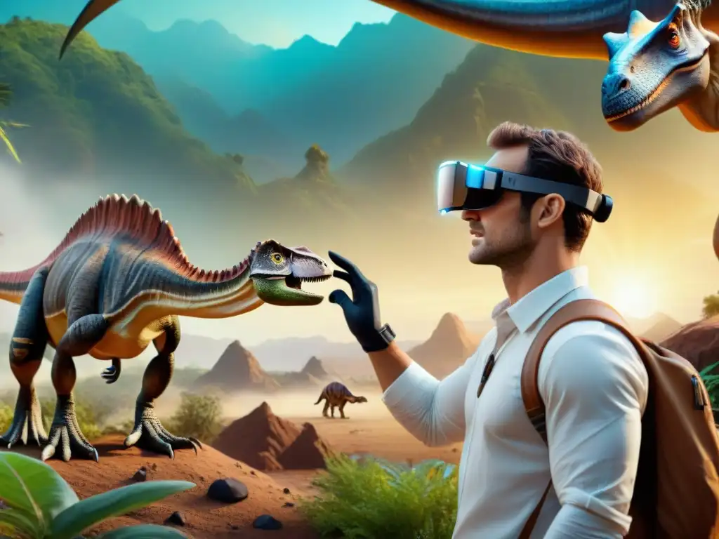 Exploración paleontológica: realidad aumentada en el pasado Un paleontólogo inmerso en un paisaje prehistórico virtual, interactuando con un dinosaurio digital en un entorno de paleoarte en tecnología wearable