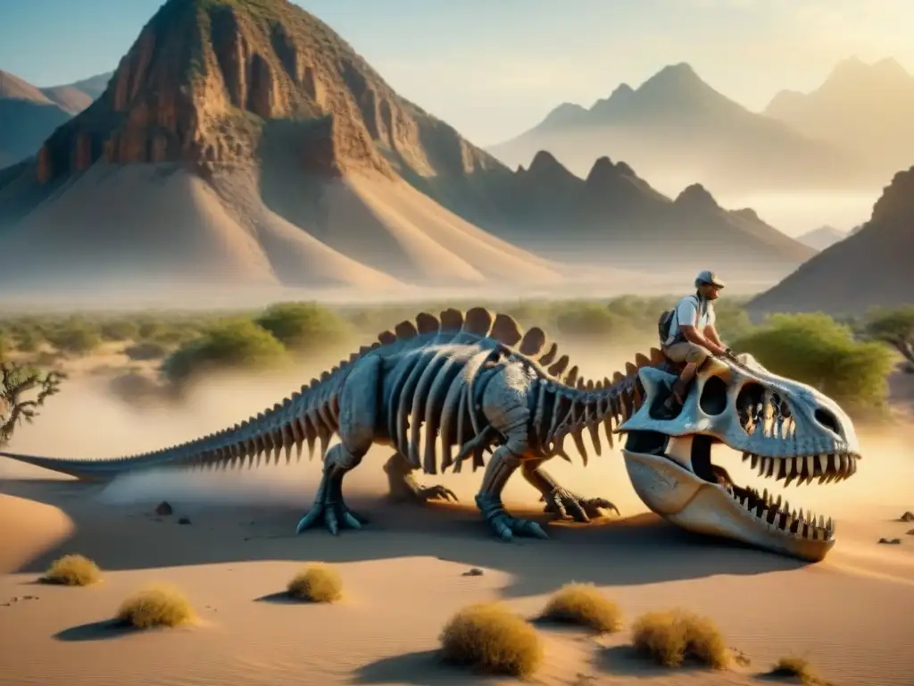 Excavación paleontológica: Misterios de los dinosaurios Un paleontólogo limpia con cuidado un esqueleto de dinosaurio en un desolado paisaje desértico
