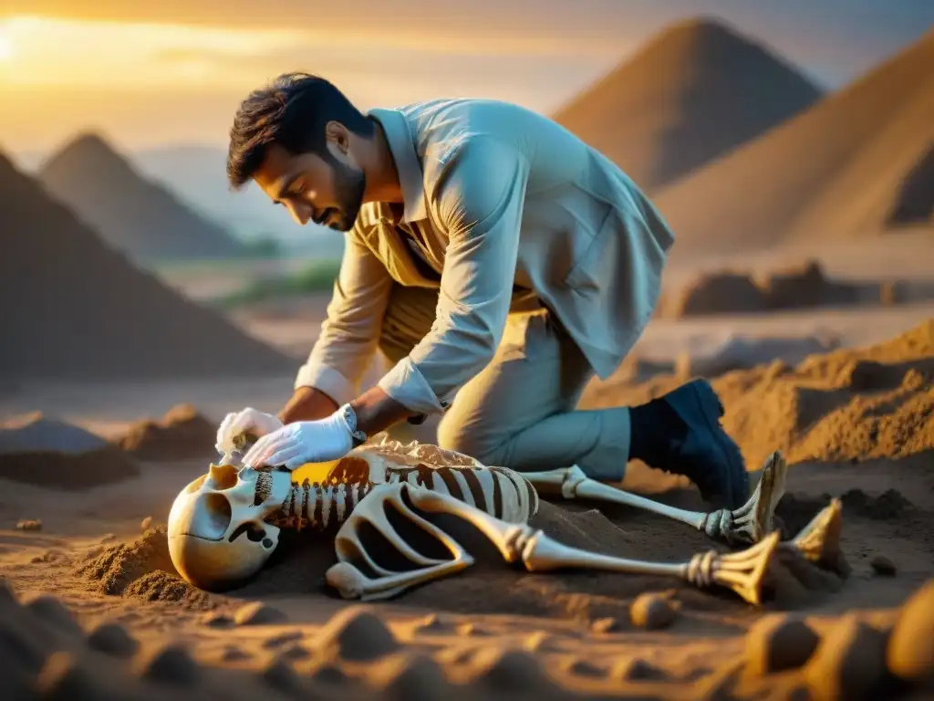 Descubrimiento de Haplocheirus al atardecer: paleontólogo en excavación Un paleontólogo limpia con cuidado un esqueleto fósil de Haplocheirus en un yacimiento de Asia al atardecer, en un descubrimiento emocionante