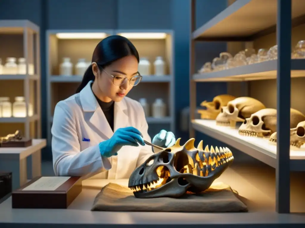 Excavación de fósil de dinosaurio: detalle y emoción Un paleontólogo limpia con cuidado un esqueleto de dinosaurio en un laboratorio tenue