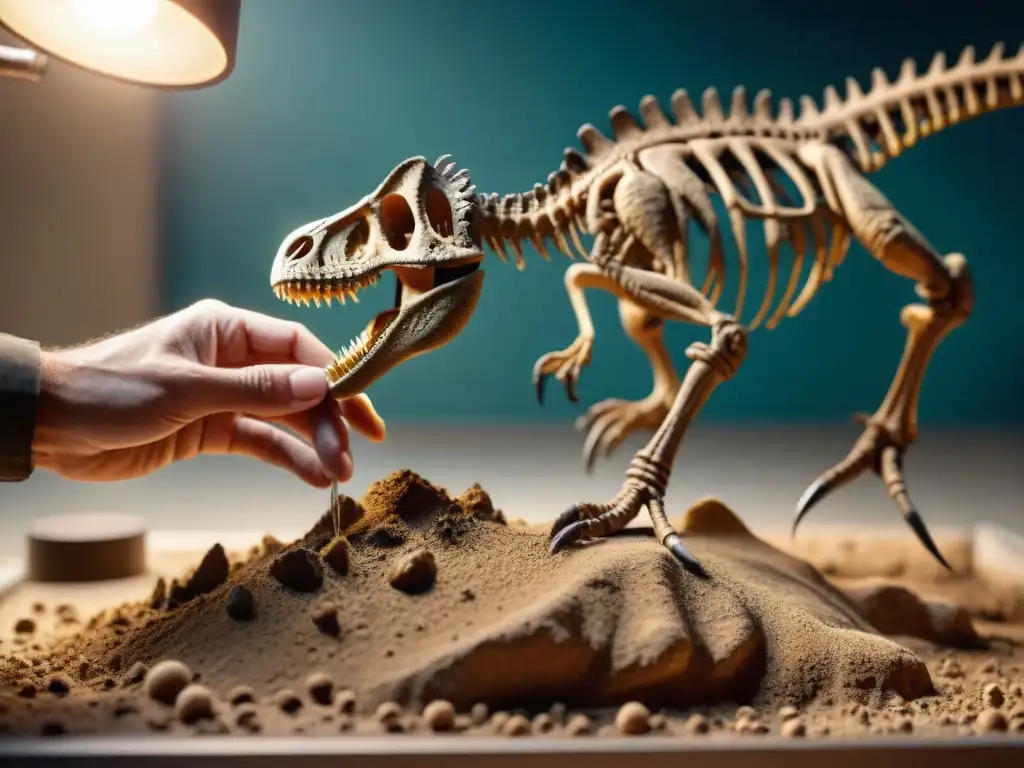 Descubriendo el pasado: Paleontólogo limpia fósil de dinosaurio Un paleontólogo limpia con cuidado un fósil de dinosaurio bien conservado en un laboratorio tenue