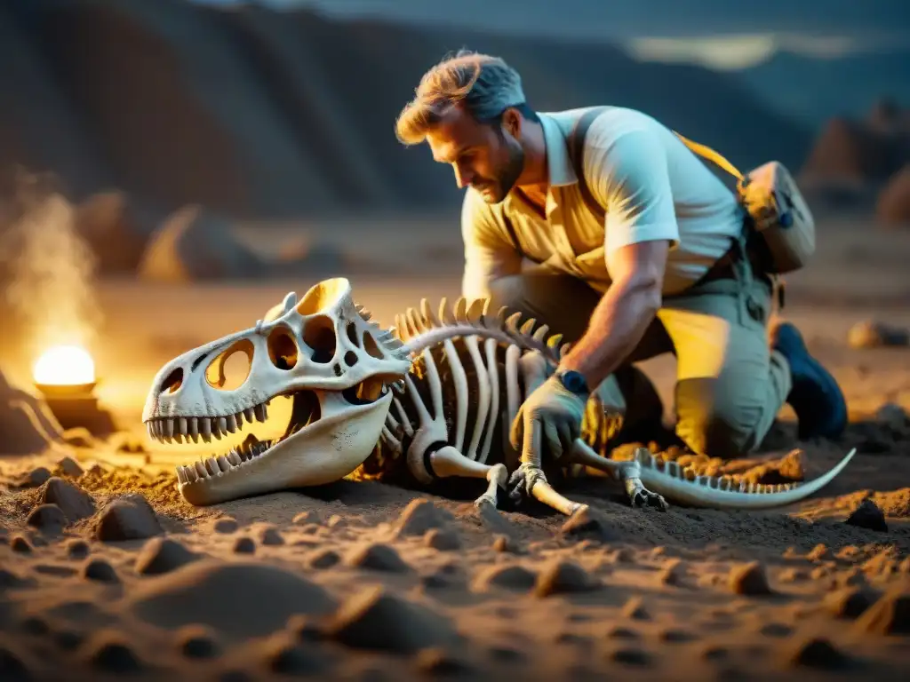 Un paleontólogo limpia con cuidado un fósil de dinosaurio en un yacimiento, iluminado por una lámpara frontal