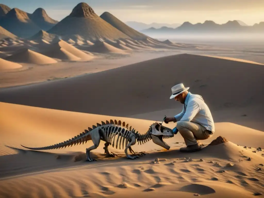 Excavación de dinosaurios: descubriendo secretos antiguos en el desierto Un paleontólogo excava con meticulosidad un esqueleto de dinosaurio en un yermo, revelando misterios de la evolución de los dinosaurios en cultura