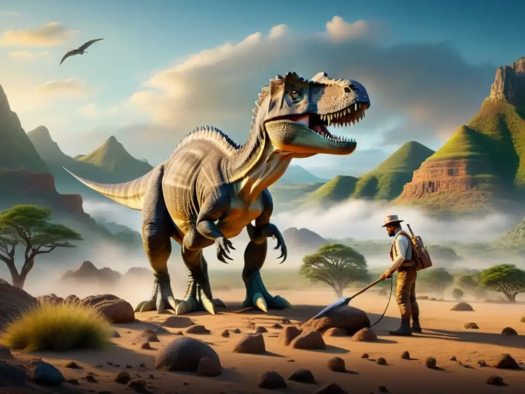 Descubriendo fósiles de dinosaurios en paisaje prehistórico Un paleontólogo meticuloso descubre un fósil de dinosaurio en un paisaje prehistórico desolado