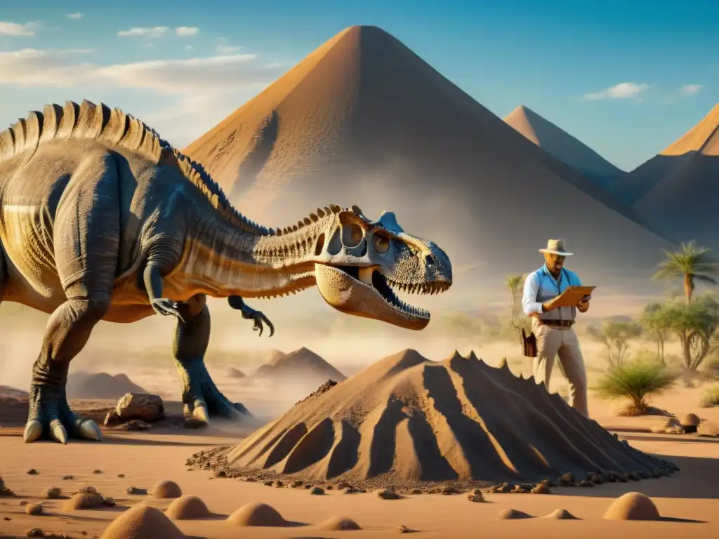 Excavación paleontológica: descubrimiento en desierto remoto Un paleontólogo meticuloso limpia un enorme fósil de dinosaurio en un desierto remoto