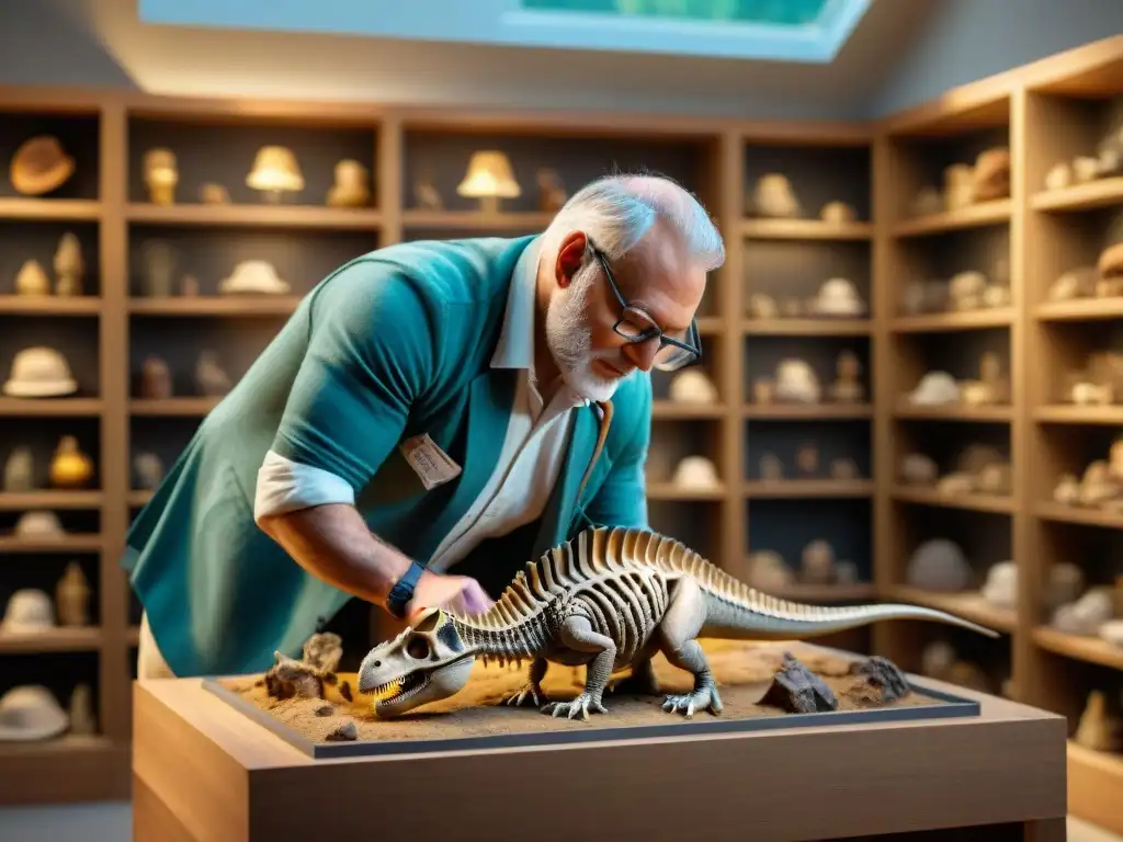 Excavación paleontológica: detalle y emoción en fosilización Un paleontólogo meticuloso limpia un fósil de dinosaurio en una escena detallada, rodeado de libros y artefactos antiguos