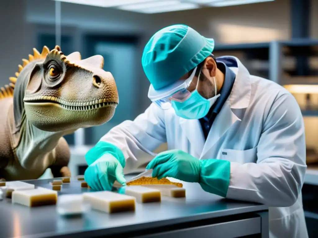 Un paleontólogo extrae muestras de ADN de un hueso de dinosaurio en un laboratorio de vanguardia