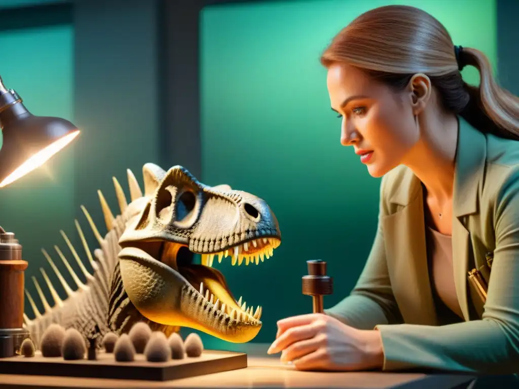 Exploración detallada de fósil de órgano vocal de dinosaurio Un paleontólogo examina un órgano vocal de dinosaurio fosilizado en un laboratorio iluminado