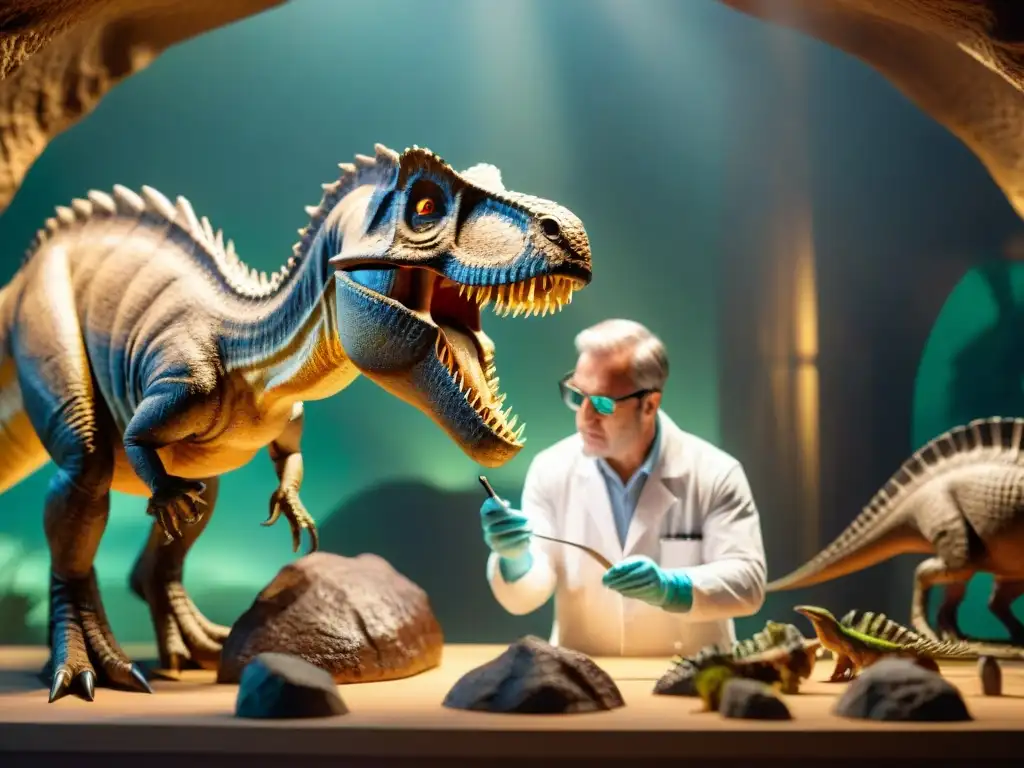 Descubrimiento de vocalización de dinosaurio en detalle Un paleontólogo examina con precisión un órgano vocal fosilizado de dinosaurio, rodeado de herramientas en un laboratorio tenue