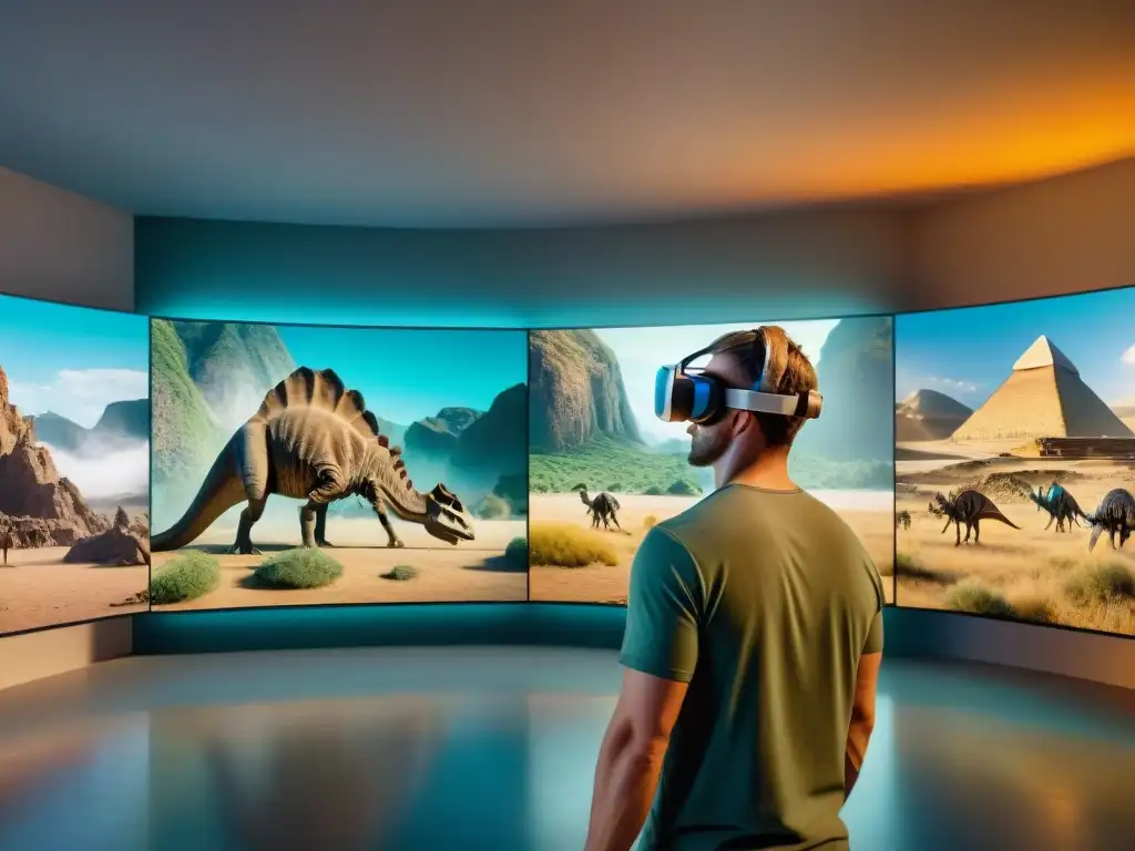 Realidad virtual en paleontología: exploración digital de dinosaurios Un paleontólogo explorando virtualmente un paisaje prehistórico con un esqueleto de dinosaurio, en una escena de innovación tecnológica