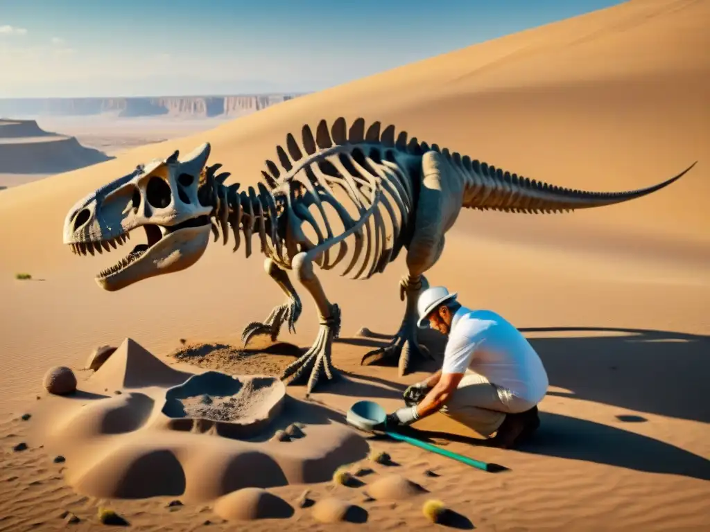 Un paleontólogo excavando con precisión un esqueleto de dinosaurio en un remoto desierto, fusionando impacto Jurassic Park cultura dinosaurios