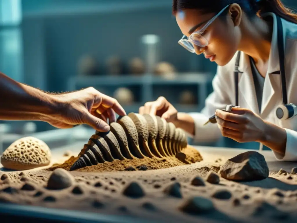 Extracción paleontológica: precision y dedicación en laboratorio Un paleontólogo extrae con precisión un fósil de la roca en un laboratorio, revelando las texturas intrincadas