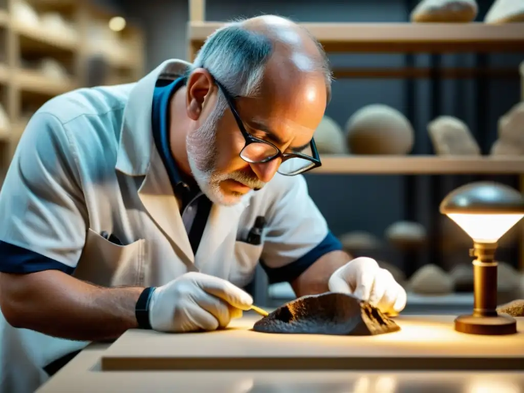 Un paleontólogo extrae con precisión un fragmento de hueso fósil de un dinosaurio en roca