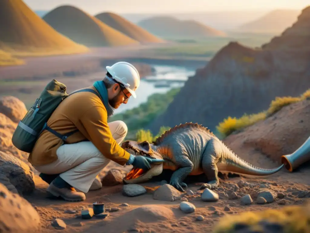Descubrimiento paleontológico al atardecer: paleontólogo extrae hueso de dinosaurio Un paleontólogo extrae con precisión un hueso de dinosaurio en un yacimiento rocoso al atardecer