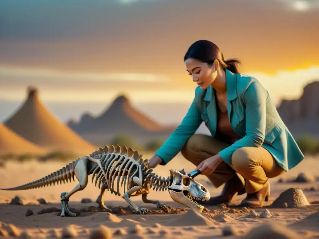 Descubrimiento de dinosaurio en desierto al atardecer Un paleontólogo descubre restos de dinosaurios al atardecer en un yacimiento remoto