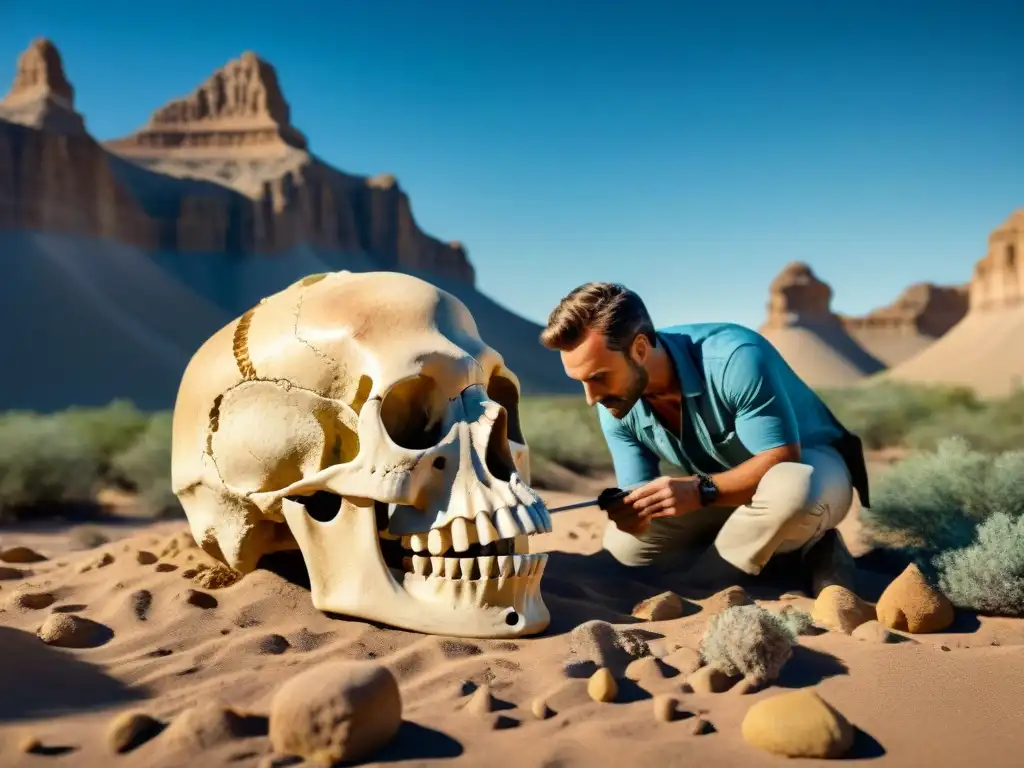 Un paleontólogo descubre restos fósiles de un cráneo de dinosaurio en un desierto rocoso, bajo un cielo azul