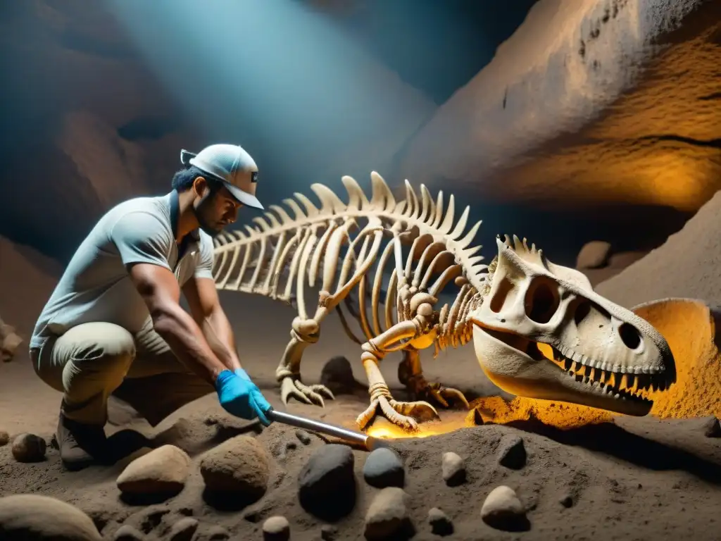 Descubriendo el pasado: Paleontólogo revela fósiles de dinosaurio Un paleontólogo descubre restos fósiles de un dinosaurio, en una excavación detallada