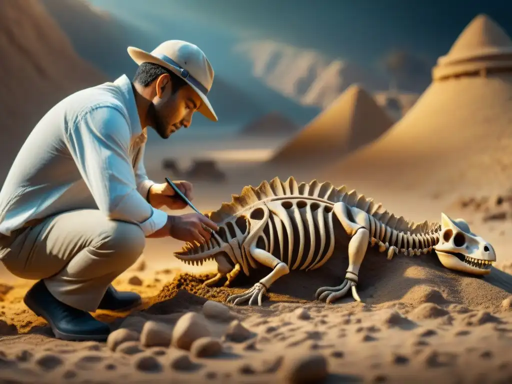 Excavación paleontológica: revelando dinosaurio fosilizado Un paleontólogo descubre restos fósiles de un dinosaurio