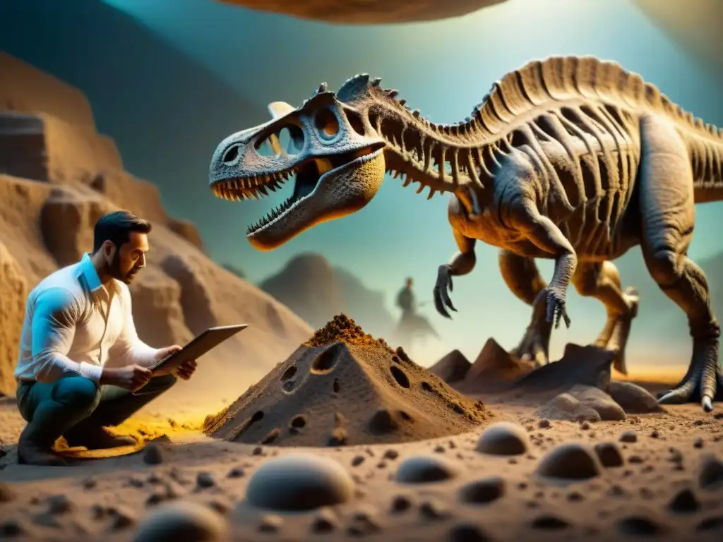 Descubriendo el pasado: Paleontólogo revela fósil de dinosaurio Un paleontólogo descubre restos fósiles con precisión en una excavación, rodeado de herramientas