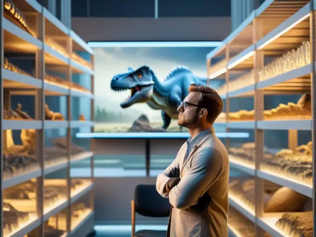Paleontólogo escuchando vocalizaciones de dinosaurios fosilizados Un paleontólogo escucha sonidos de dinosaurios, interpretando vocalizaciones en laboratorio