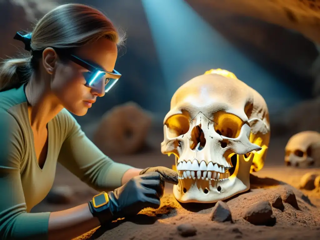 Descubriendo el pasado con tecnología avanzada en paleontología Un paleontólogo con tecnología wearable examina un cráneo de dinosaurio fosilizado en un sitio de excavación