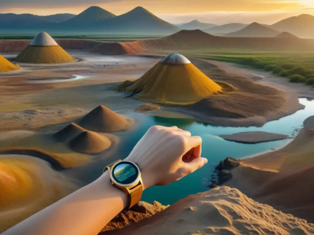 Paleontólogo con tecnología portátil en sitio de excavación Paleontólogo usa tecnología wearable en excavación remota al atardecer