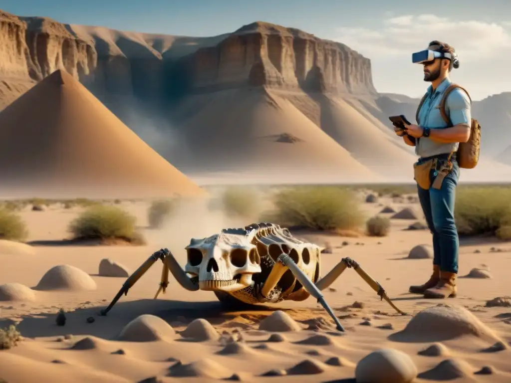 Paleontólogo con tecnología avanzada analiza fósiles en desierto remoto Un paleontólogo con tecnología wearable en paleontología, analizando fósiles en el desierto remoto