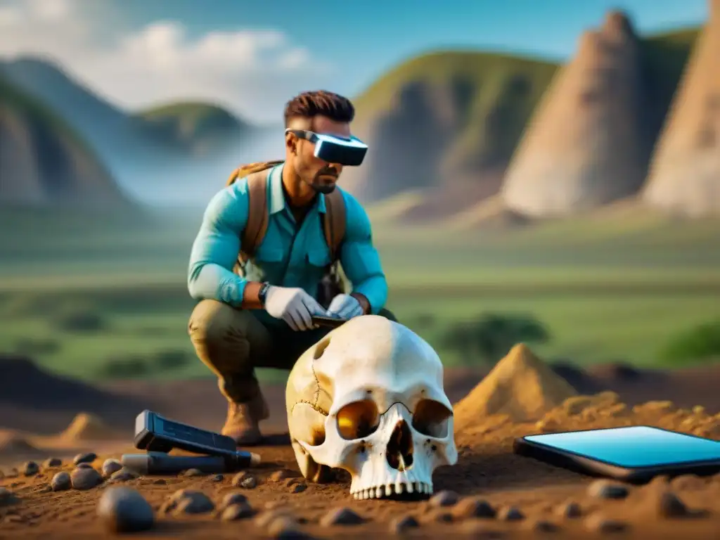 Paleontólogo con tecnología avanzada examina cráneo de dinosaurio Un paleontólogo usando tecnología wearable en paleontología, examina un cráneo de dinosaurio en el campo, fusionando innovación y tradición