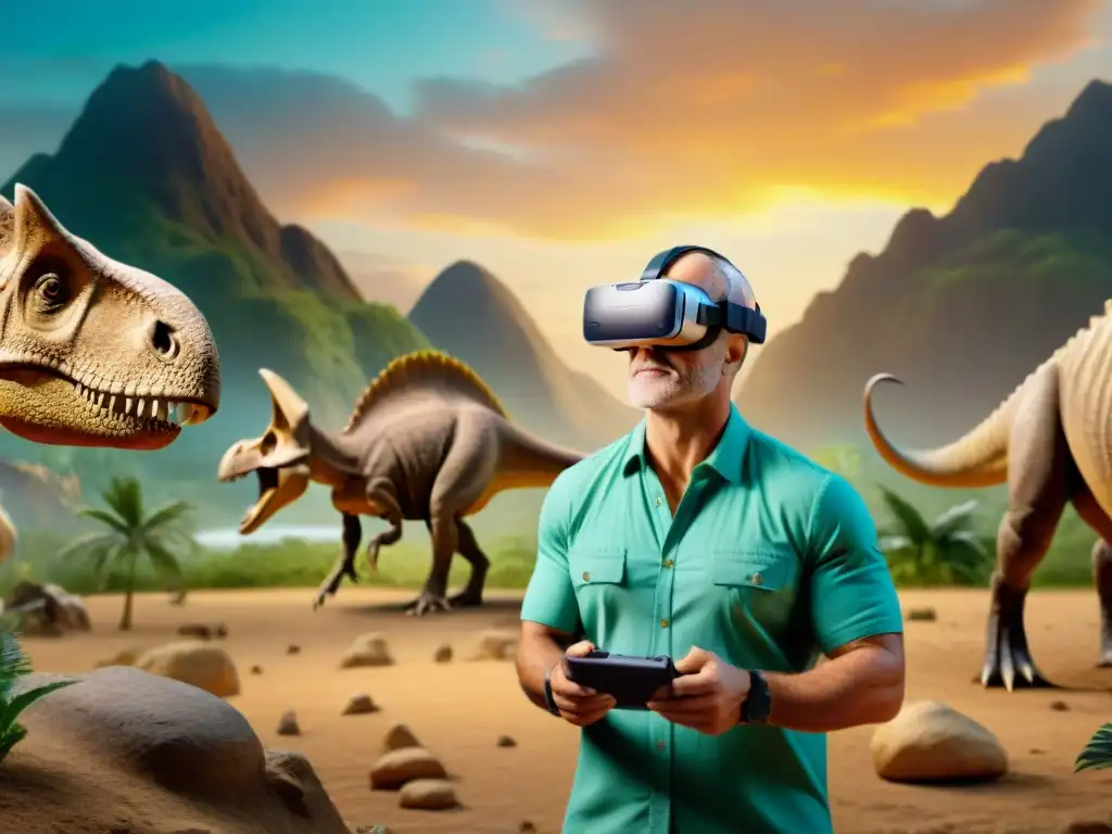 Explorador virtual desenterrando fósiles de dinosaurios en VR Un paleontólogo virtual en un emocionante sitio de excavación digital, analizando un cráneo de Triceratops