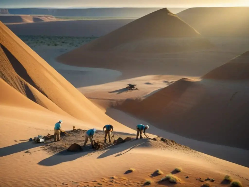 Excavación paleontológica en desierto remoto: descubriendo dinosaurios Paleontólogos en competencia científica descubren fósil de dinosaurio en remoto desierto al atardecer